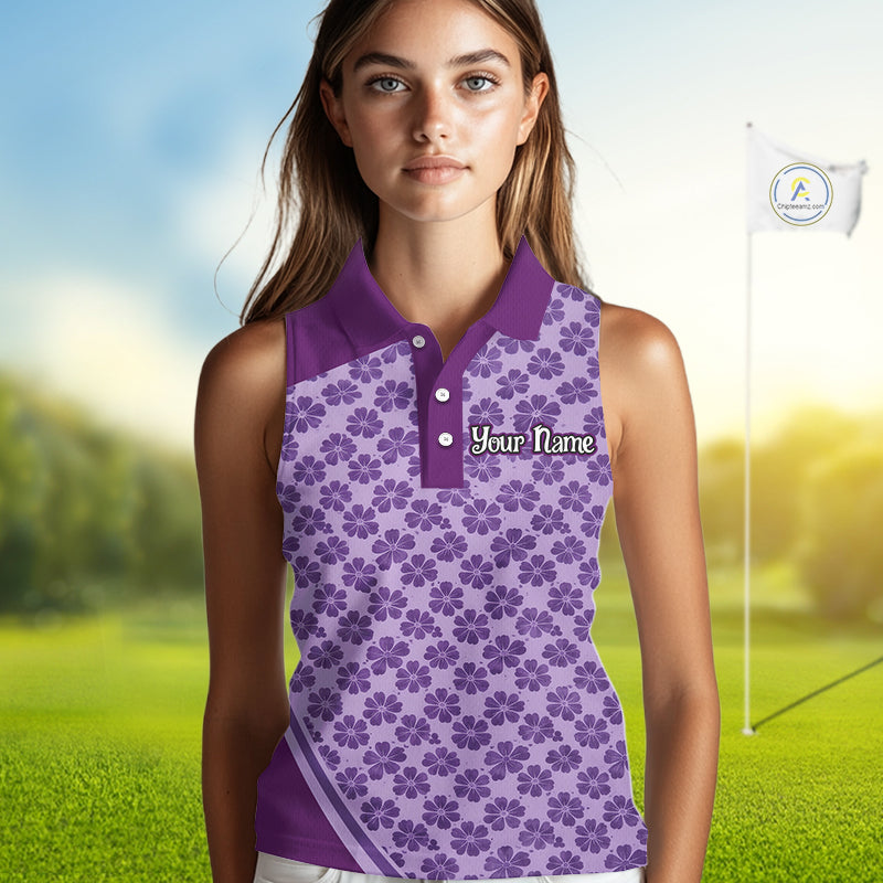 Custom Womens Sleeveless Purple Floral Golf Polo, Personalized Violet Flower Golf Shirt With Name NHT696