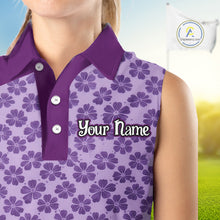 Load image into Gallery viewer, Custom Womens Sleeveless Purple Floral Golf Polo, Personalized Violet Flower Golf Shirt With Name NHT696