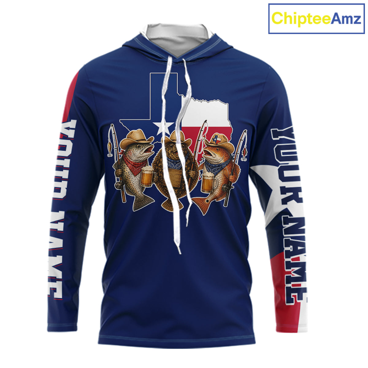 Funny Cowboy Trout, Flounder, Redfish Texas Flag Long Sleeve Hooded  Fishing Shirts Apparel