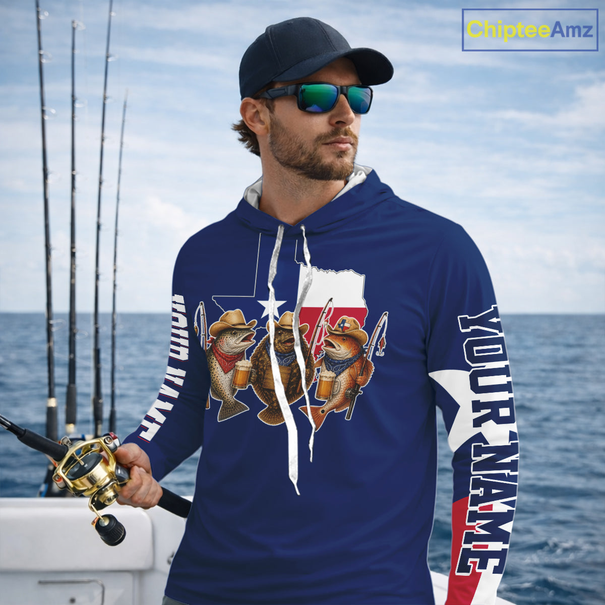 Funny Cowboy Trout, Flounder, Redfish Texas Flag Long Sleeve Hooded  Fishing Shirts Apparel