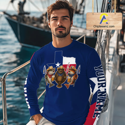 Funny Cowboy Trout, Flounder, Redfish Texas Flag Long Sleeve Fishing Shirts Apparel|Blue