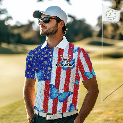 Man wearing a colorful golf shirt with American flag design on a golf course