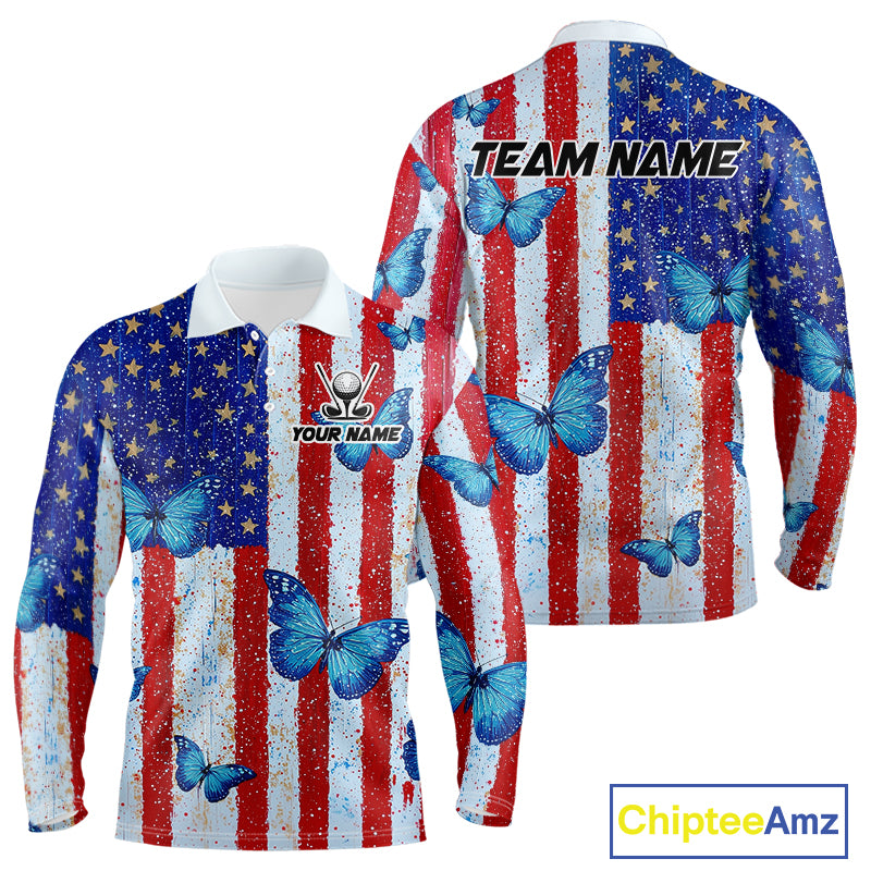 Personalized Blue Butterfly American Flag Polo – Custom Name Patriotic Golf Polo Shirt