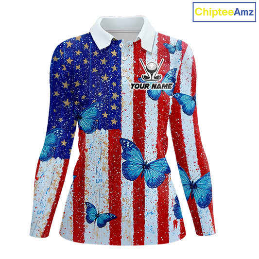Personalized Blue Butterfly American Flag Polo – Custom Name Patriotic Womens Golf Polo Shirt