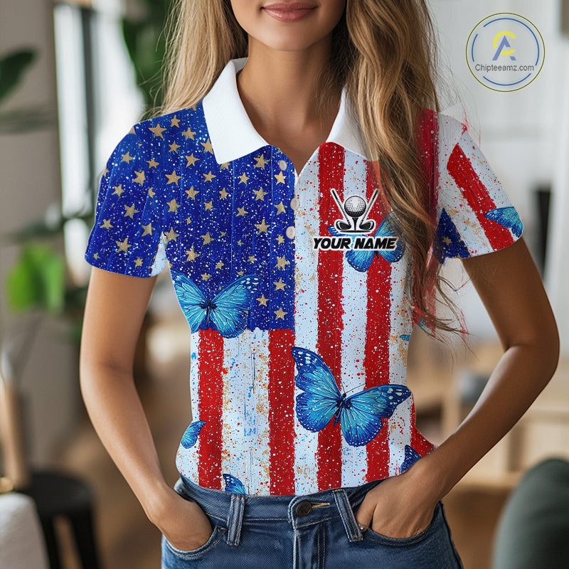 Personalized Blue Butterfly American Flag Polo – Custom Name Patriotic Womens Golf Polo Shirt