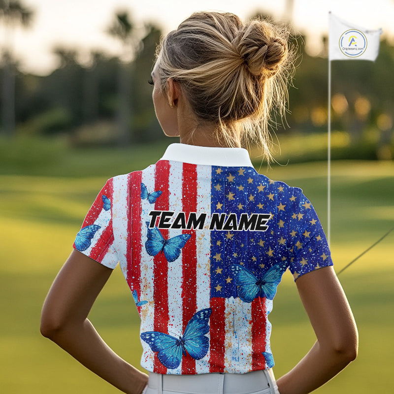 Personalized Blue Butterfly American Flag Polo – Custom Name Patriotic Womens Golf Polo Shirt NHT1034