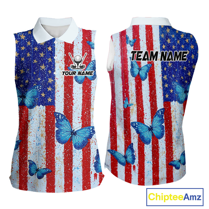Personalized Blue Butterfly American Flag Polo – Custom Name Patriotic Womens Sleeveless Golf Polo Shirt