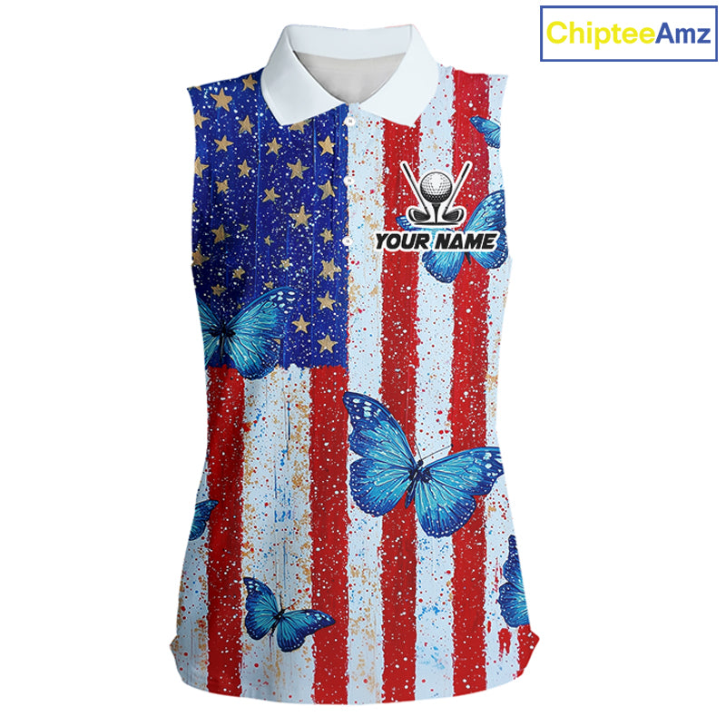 Personalized Blue Butterfly American Flag Polo – Custom Name Patriotic Womens Sleeveless Golf Polo Shirt