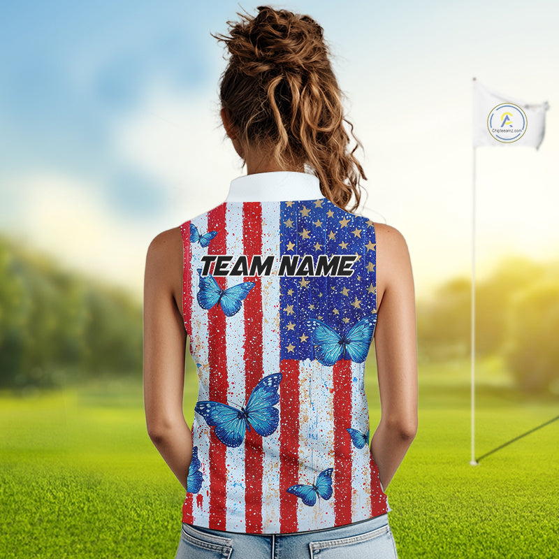 Personalized Blue Butterfly American Flag Polo – Custom Name Patriotic Womens Sleeveless Golf Polo Shirt