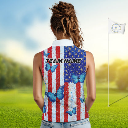 Personalized Blue Butterfly American Flag Polo – Custom Name Patriotic Womens Sleeveless Golf Polo Shirt