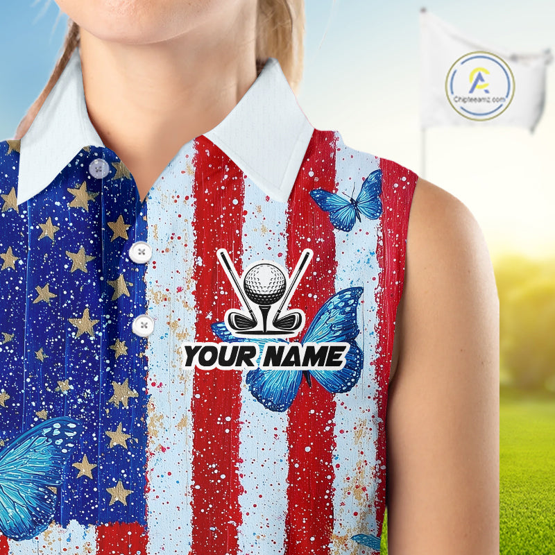 Personalized Blue Butterfly American Flag Polo – Custom Name Patriotic Womens Sleeveless Golf Polo Shirt