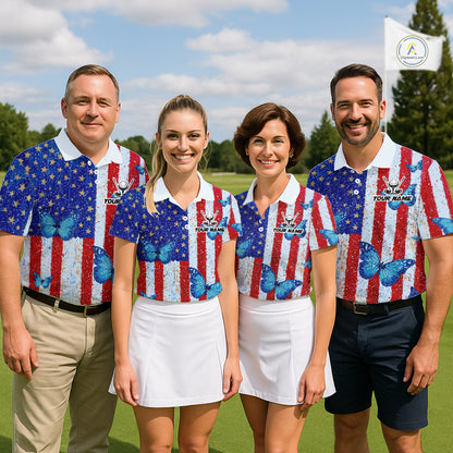 Personalized Blue Butterfly American Flag Polo – Custom Name Patriotic Golf Polo Shirt NHT1034