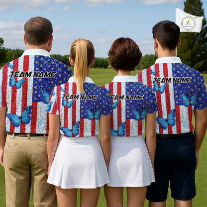 Personalized Blue Butterfly American Flag Polo – Custom Name Patriotic Golf Polo Shirt NHT1034
