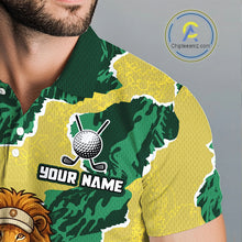 Load image into Gallery viewer, Green and yellow patterned shirt with golf-themed design and 'Your Name' text, brand logo visible.