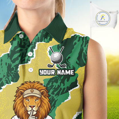 Custom Green Lion Golf Polo Shirts, Lion Womens Sleeeveless Golf Team Jerseys 