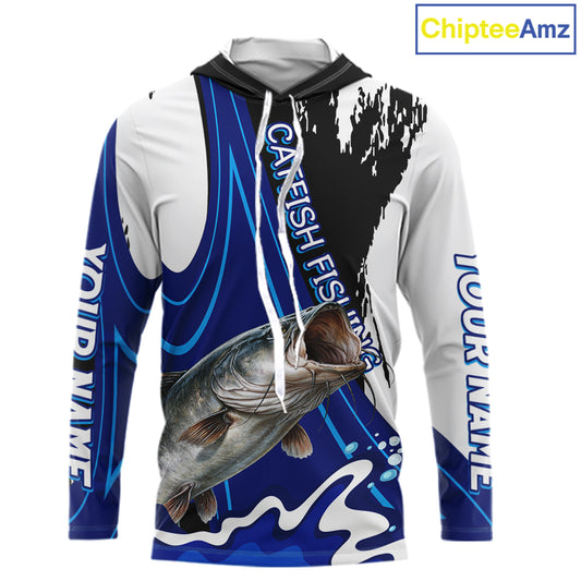 Catfish Fishing Jersey Personalized Name Hooded Fishing Shirt, Angler Tournament Fishing Apparel NHT869