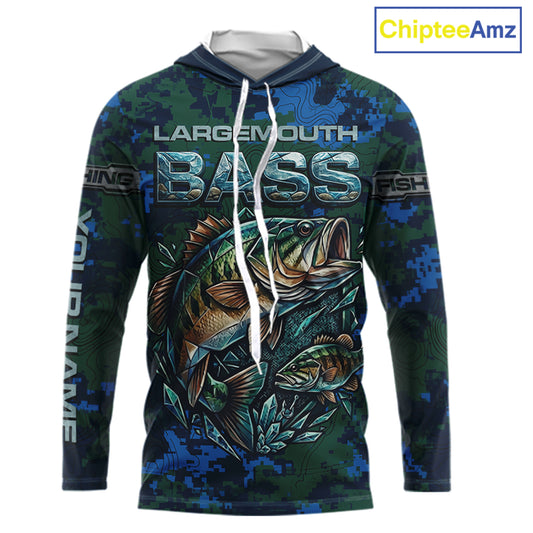 Green Camo Bass Fishing Shirt Long Sleeve Hooded, Bass Fishing Jersey, Performance Fishing Apparel NHT877