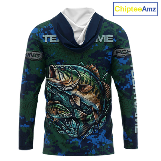 Green Camo Bass Fishing Shirt Long Sleeve Hooded, Bass Fishing Jersey, Performance Fishing Apparel NHT877