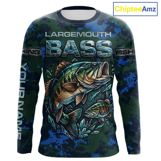 Green Camo Bass Fishing Shirt Long Sleeve, Bass Fishing Jersey, Performance Fishing Apparel NHT877