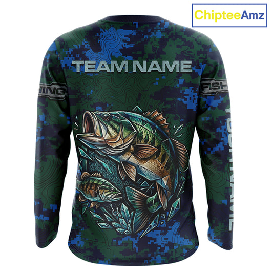Green Camo Bass Fishing Shirt Long Sleeve, Bass Fishing Jersey, Performance Fishing Apparel NHT877
