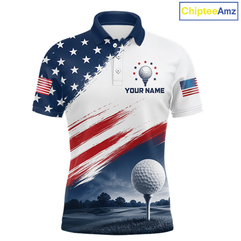 Patriotic American Flag Golf Polo Shirt For Men –  Red White Blue Golf Apparel 