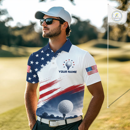 Patriotic American Flag Golf Polo Shirt For Men –  Red White Blue Golf Apparel 
