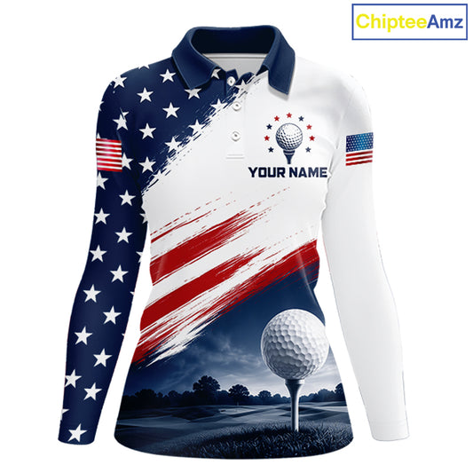 Patriotic American Flag Golf Polo Shirt For Women's –  Red White Blue Golf Apparel 
