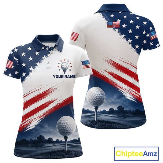 Patriotic American Flag Golf Polo Shirt For Women's –  Red White Blue Golf Apparel 