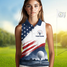 Load image into Gallery viewer, Patriotic American Flag Women's Sleeveless Golf Polo Shirt –  Red White Blue Golf Apparel 