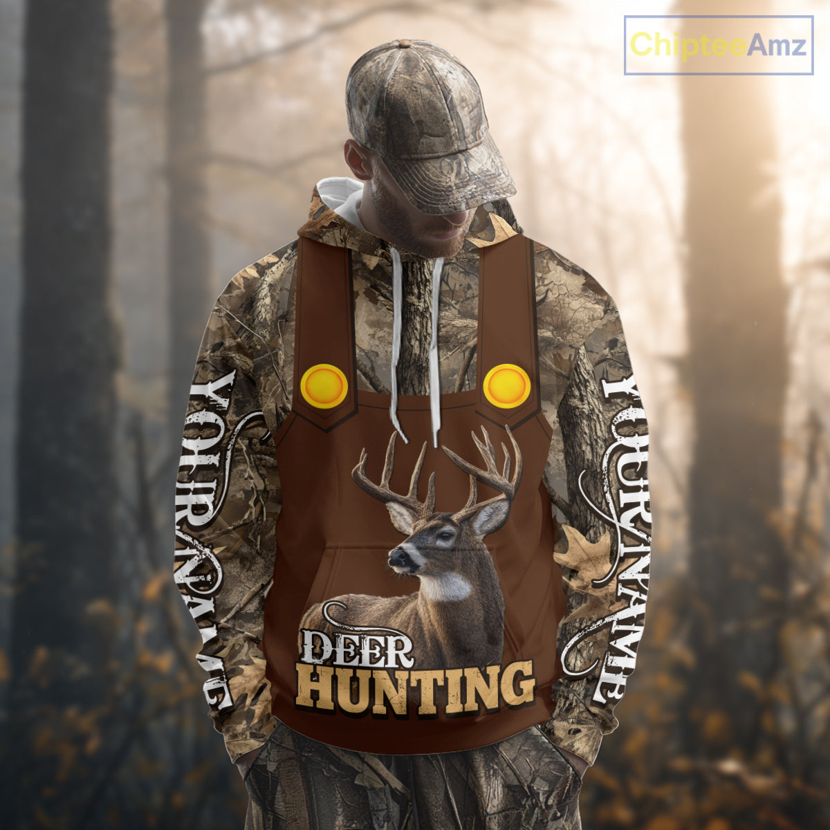 Deer Hunting Hoodie & Sweatshirt – Brown Bib Overalls Style with Custom Name Camo Design NHT346