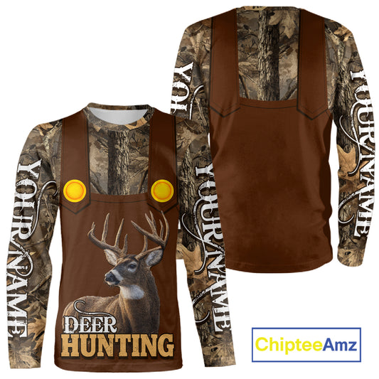 Deer Hunting Hoodie & Sweatshirt – Brown Bib Overalls Style with Custom Name Camo Design NHT346