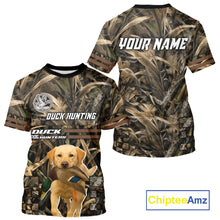 Load image into Gallery viewer, Yellow Lab 3D Shirt Retrieving Mallard Duck, Custom Name Duck Hunting Clothes NHT217