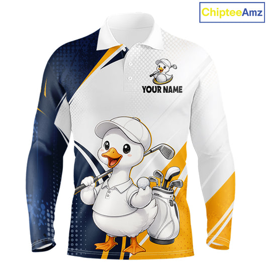 A long-sleeve polo shirt with a white, navy blue, and yellow geometric pattern, featuring a cartoon duck golf player graphic and a customizable name print on the chest. The ChipteeAmz logo is visible in the top right corner.