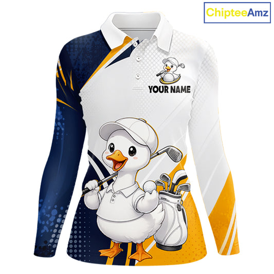 A long-sleeve golf-themed polo shirt with a white, navy, and yellow color-blocked design. The front features a large cartoon duck wearing a golf cap and holding a golf club and golf bag, with the text 'YOUR NAME' on the chest.