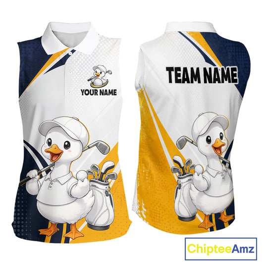 Front and back views of a sleeveless golf polo shirt featuring a cartoon white duck wearing a cap and holding golf clubs, with navy blue, yellow, and white graphic panels. The front includes the text 'YOUR NAME' and a small duck logo, and the back has 'TEAM NAME'.