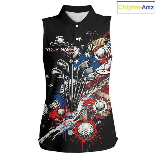 Patriotic Womens Sleeveless Golf Polo Shirt Custom USA Flag Golf Shirt, Golf Apparel Gift For Golfers NHT904