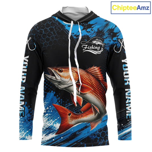 Custom Redfish Fishing Jersey long sleeve hooded shirt with bold redfish graphic and performance fit.