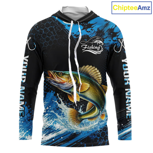 Custom Walleye Fishing Jersey long sleeve hooded shirt with walleye-inspired graphic and performance fit.
