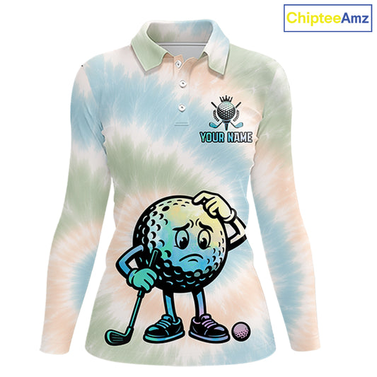 Funny Tie Dye Womens Golf Team Polo Shirt – Cartoon Golf Ball Golfer Shirt, Personalized Golf Family Team Shirt  NHT741