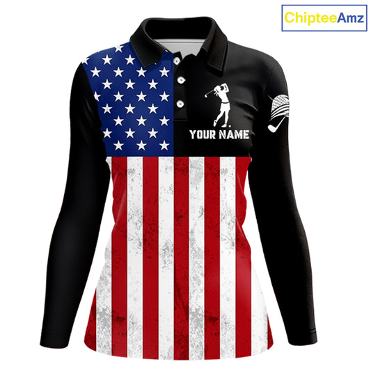 Personalized Womens Golf Polo Shirt American Flag Patriotic Golf Shirts Golf Gifts For Womens NHT746