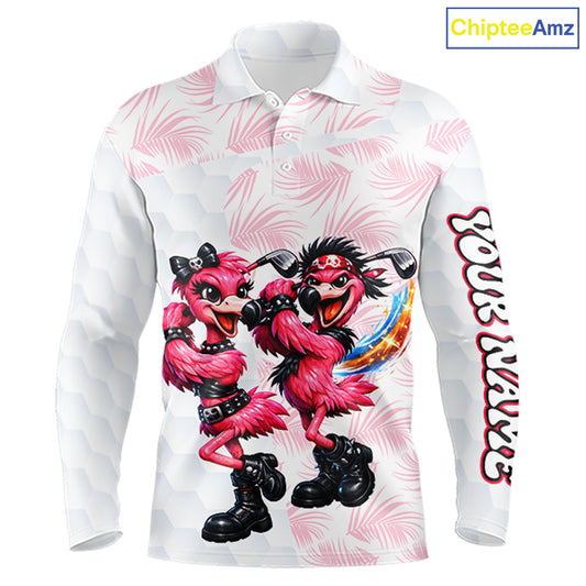 Personalized Funny Flamingo Rockstar Couple Golf Polo Shirt, Custom Name Matching Couple Golf Shirt NHT748