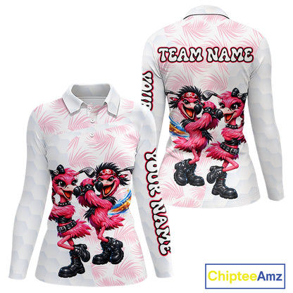 Personalized Funny Flamingo Rockstar Couple Womens Golf Polo Shirt, Custom Name Matching Couple Golf Shirt NHT748