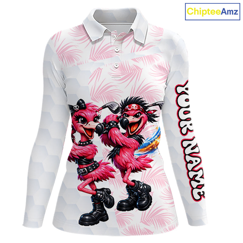 Personalized Funny Flamingo Rockstar Couple Womens Golf Polo Shirt, Custom Name Matching Couple Golf Shirt NHT748
