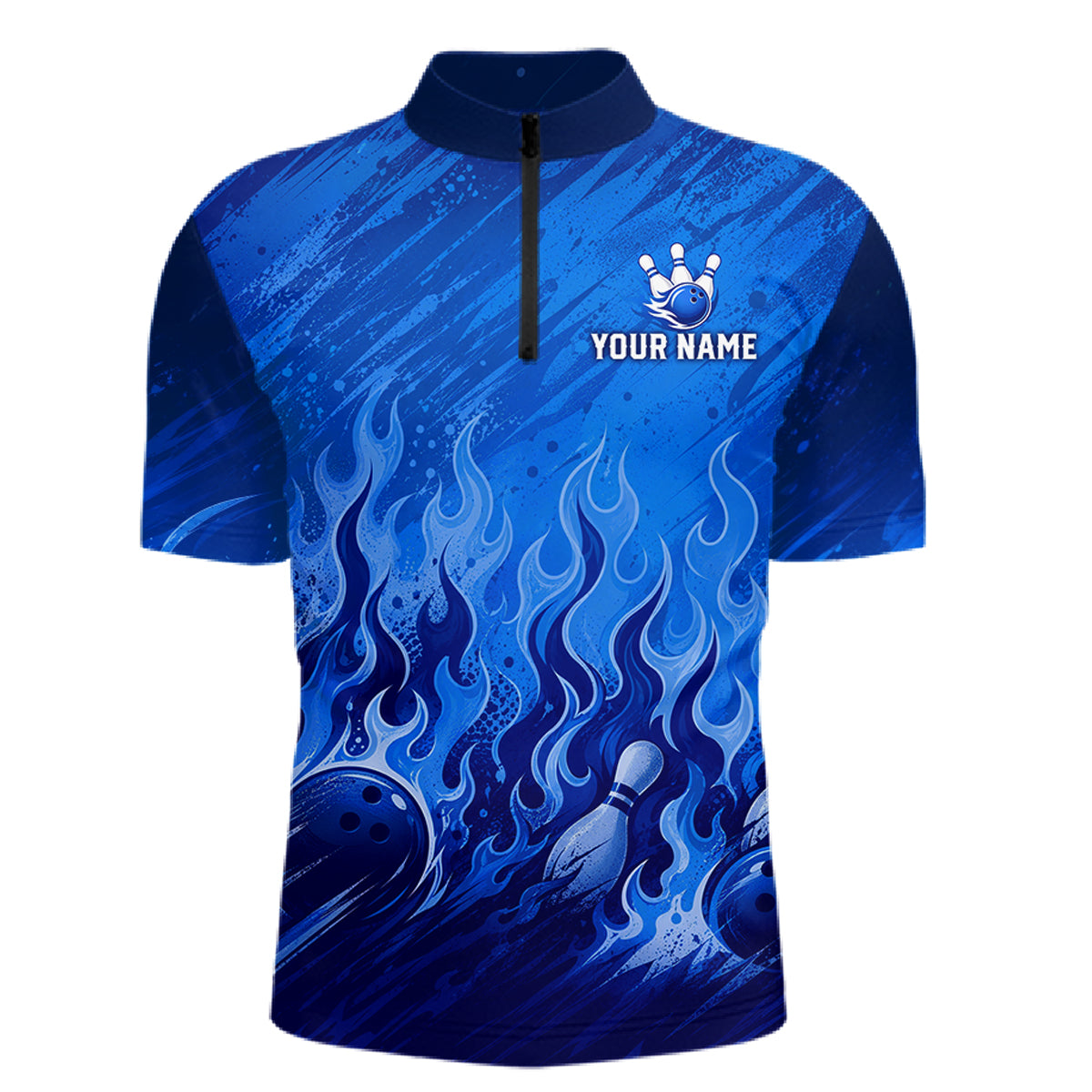 A blue short-sleeve quarter-zip performance shirt with a bowling-themed flame graphic and a customizable name print on the chest.