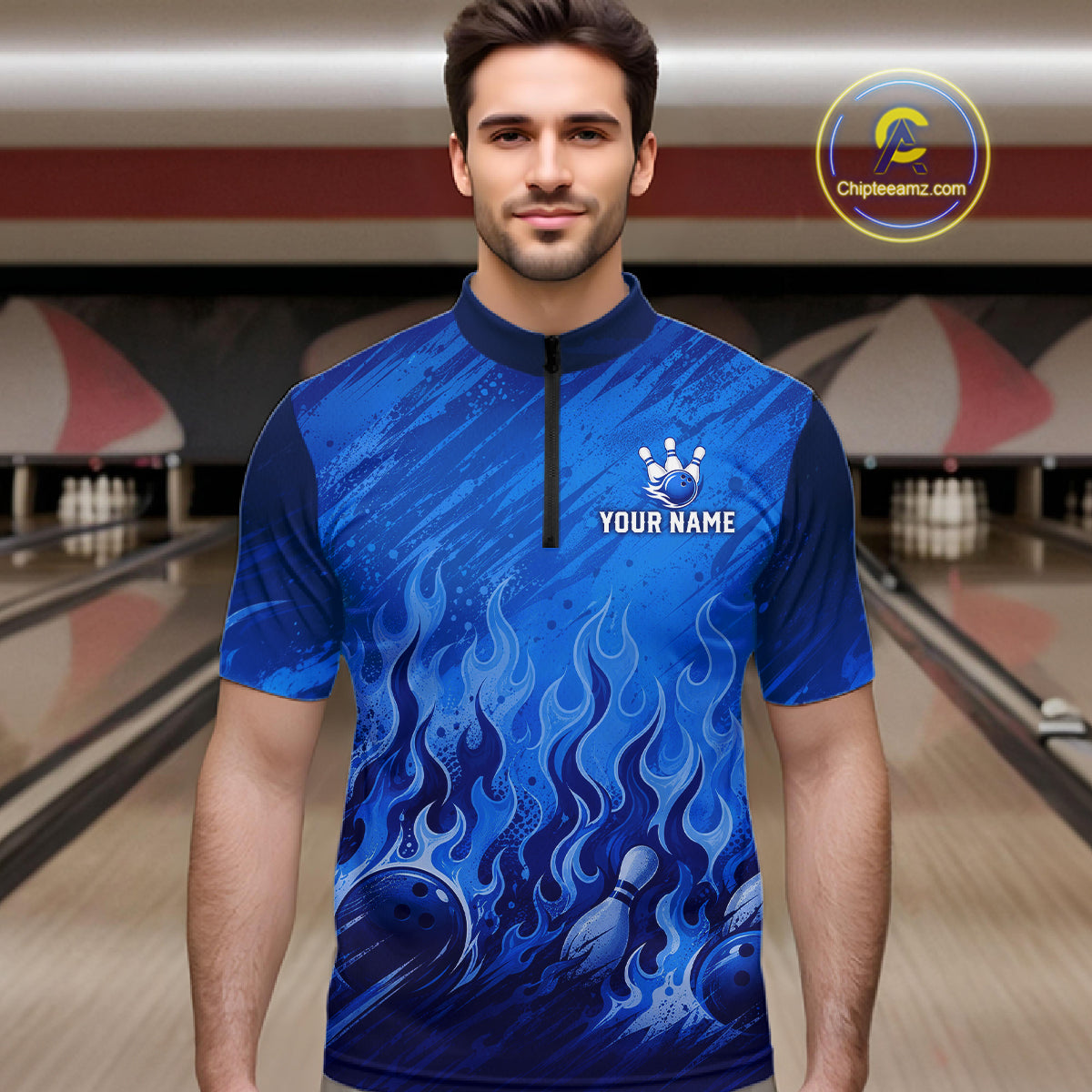 Custom Bowling Shirt Personalized Name, Blue Flame Bowling Polo, Team Bowling Jersey For Men NHT1231