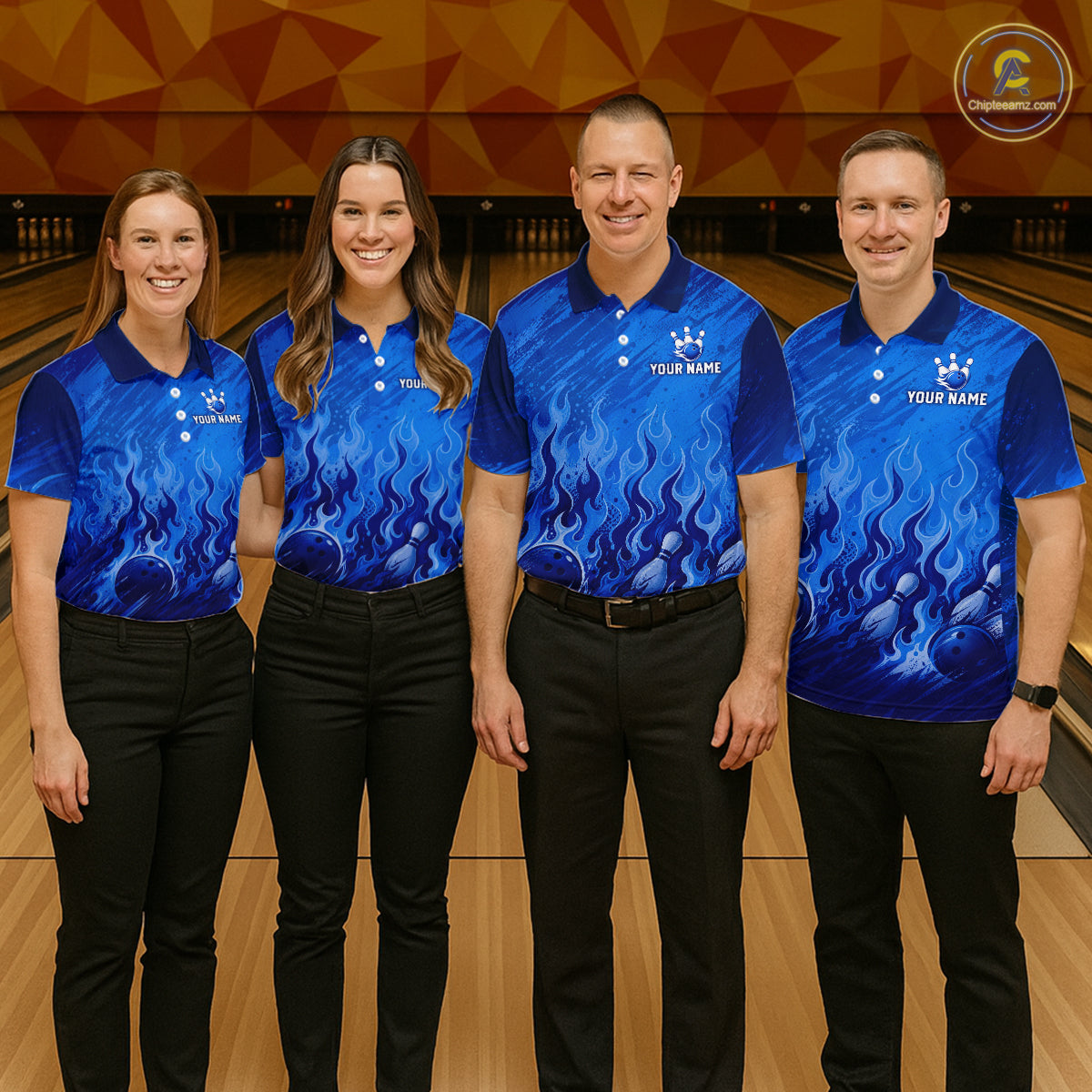 Custom Bowling Shirt Personalized Name, Blue Flame Bowling Polo, Team Bowling Jersey For Men NHT1231