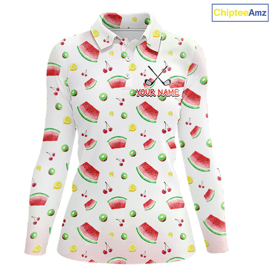 Funny Watermelon Pattern Womens Polo Shirt, Long Sleeve Golf Polo Shirt Custom Watermelon Pattern Team Golf Top NHT757