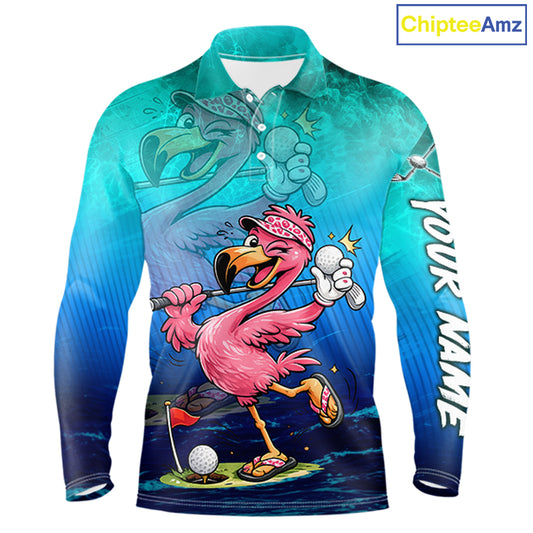 A long-sleeve polo shirt with a vibrant all-over cartoon print featuring a pink flamingo golfing, a blue dinosaur in the background, and 'YOUR NAME' printed vertically on the sleeve. The ChipteeAmz logo is visible in the top right corner.