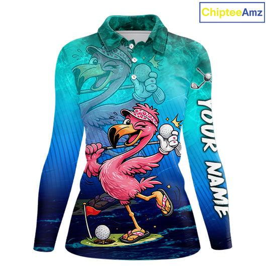 A long-sleeve collared shirt with a colorful cartoon flamingo golf design, featuring a blue and teal gradient background, a large golf bird in the background, a golf flag on the ground, and 'YOUR NAME' printed vertically on the sleeve. A 'ChipteeAmz' logo is visible in the top right corner.