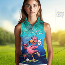 Load image into Gallery viewer, Personalized Flamingo Womens Sleeveless Golf Polo Shirt Custom Name And Team Teal Blue Funny Ocean Tropical Golf Outfit NHT1235